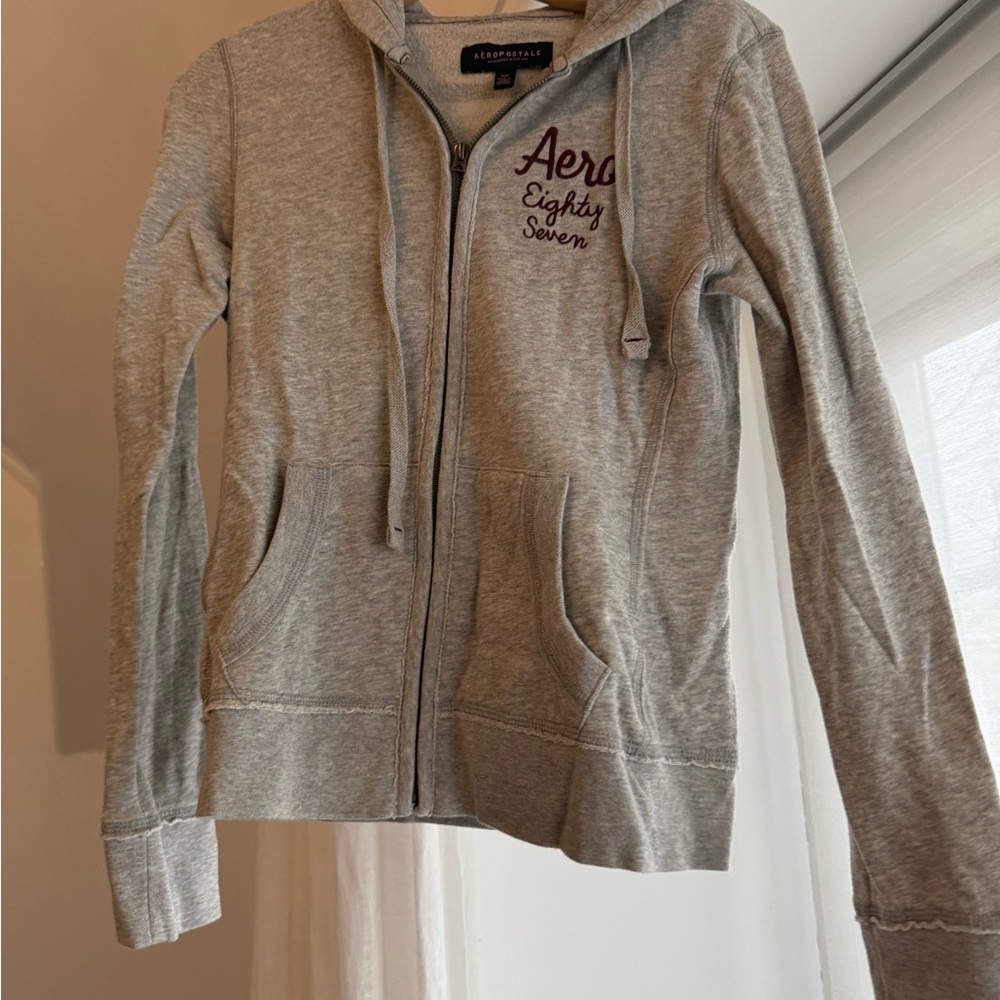 Aeropostale Heather Gray Hoodie with Burgundy Logo